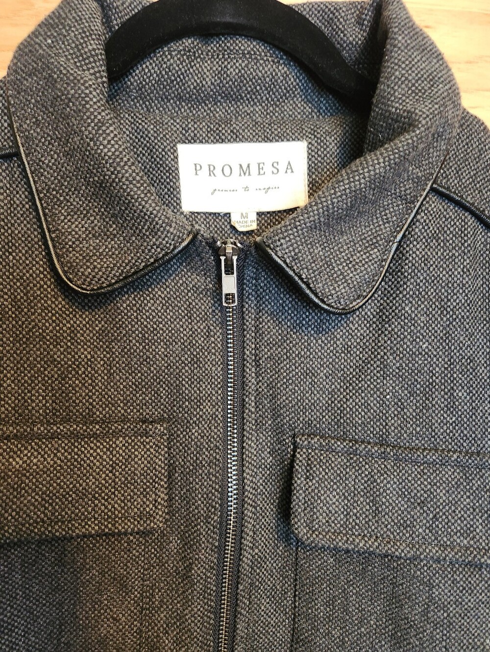 PROMESA CROPPED MOTO UTILITY JACKET FAUX LEATHER SLEEVES GRAY BLACK MEDIUM - Picture 5 of 11